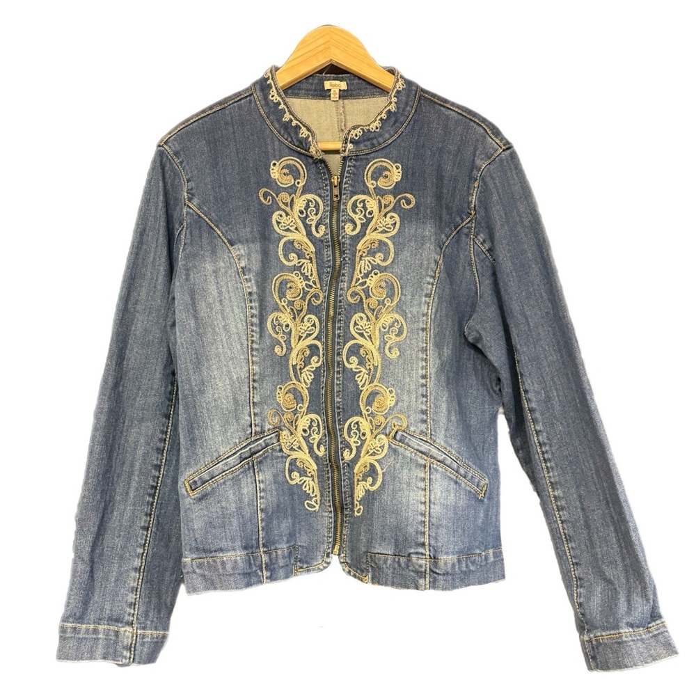 Embroidered Denim Jacket Western Boho Gold Scroll Reba XL 1